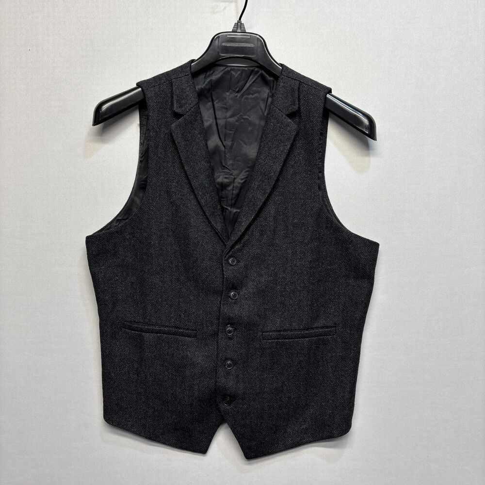 Voboom Men Size Large Waistcoat Herringbone Tweed Wool Blend Vest Gray D114 -25